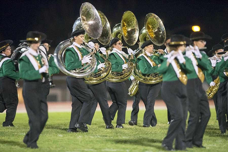 Members of the marching band perform for the home crowd at a home football game in October.  The Band had an outstanding State Festival and exemplified KWs Trojan Perfect motto.