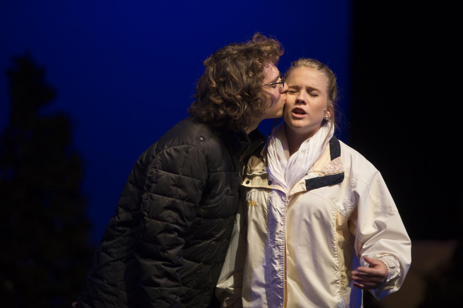 Elijah Pacheco kisses Moriah Andrews on the cheek during a matinee performance of Almost Maine in the KW auditorium on Saturday October 21st.