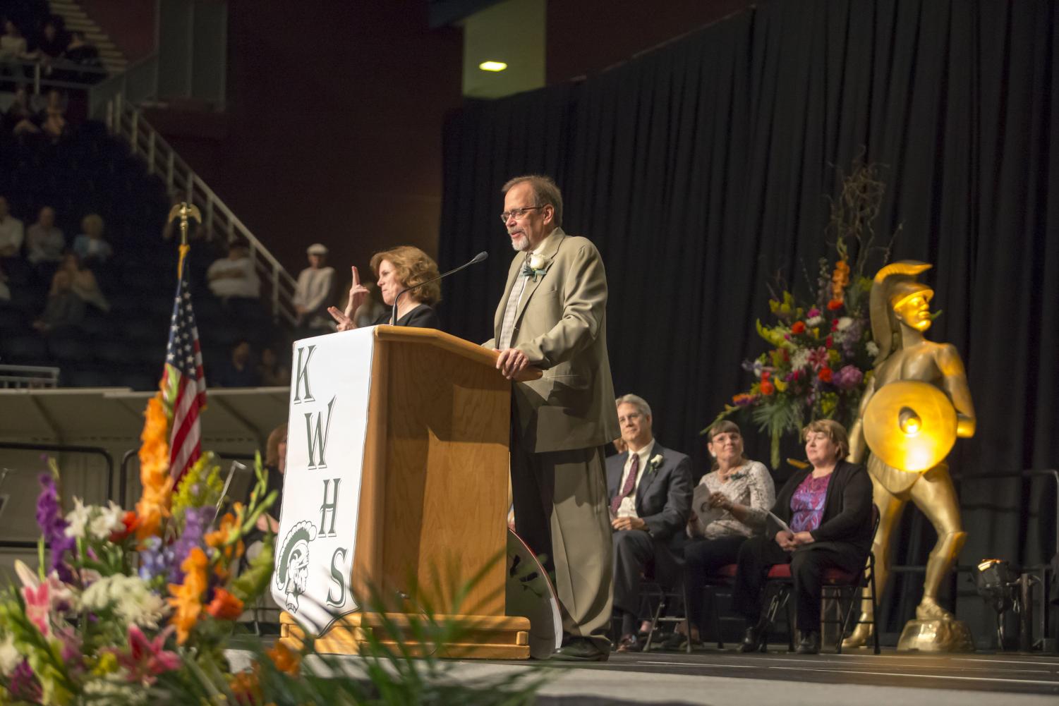 Brad Diller speaks at the KW graduation for the Class of 2015. Diller is known for naming each senior individually in his speech.