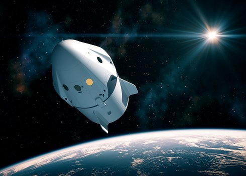 New Commercial Space Capsule Orbiting Planet Earth. 3D Illustration.