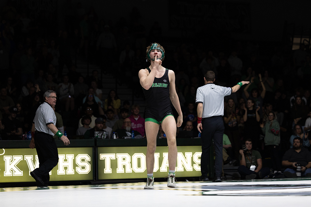 William Alt silences the Natrona fans at last year's Miller Cup where the Trojans got an upset victory over their rivals.  Alt finished 3rd at state last year and is looking to improve going into his junior season.