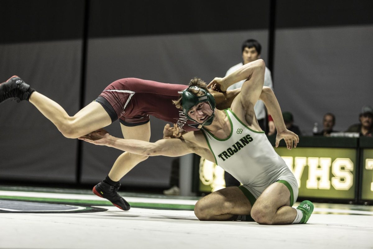 William Alt wrestles in a match held at KW last season against an opponent from Riverton.  Alt is looking to repeat as state champion this year.
