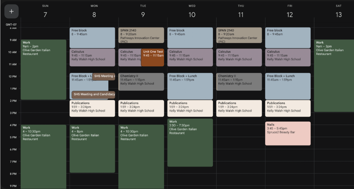 Example of what a typical schedule might look like for students who work and go to school.
